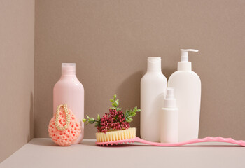 Hygiene self care shower products. Brush, sponge and various gel dispensers.