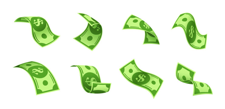 Flying cartoon cash banknotes or floating dollar money bills, vector paper currency. Falling or flying green banknotes with dollar sign for finance payment, business success or investment and banking