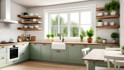 Fototapeta na wymiar Modern kitchen interior with white furniture and wood countertops cabinets shelves and cupboards. Green pot plants big window. Farmhouse country house design ideas