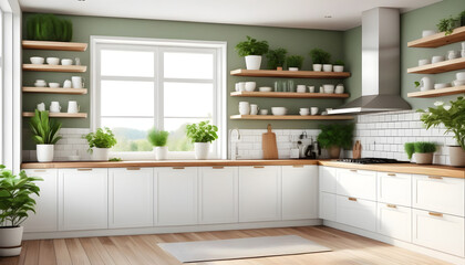 Modern kitchen interior with white furniture and wood countertops cabinets shelves and cupboards. Green pot plants big window. Farmhouse country house design ideas