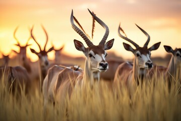 a herd of hartebeests against sunset backdrop