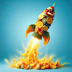 A rocket consisting of fruits flies up. Vegetarian nutrition. Better health