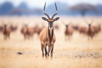 lone hartebeest standing apart from the herd