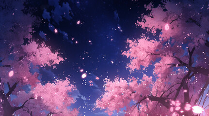 幻想的な夜空に舞う桜の花　Generative AI - obrazy, fototapety, plakaty