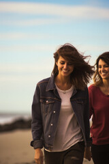Portrait of happy young women walking on beach at the day time.