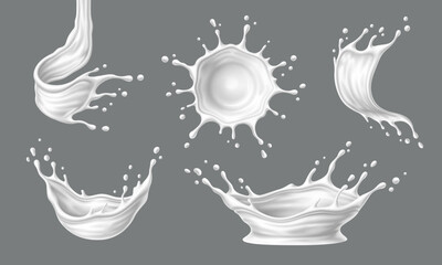 Liquid white yogurt or milk cream splashes. Fresh dairy product, milk cocktail or sauce 3d realistic vector frozen motion whirl or splatter splashes. White paint, yoghurt drink fizz or curly jet
