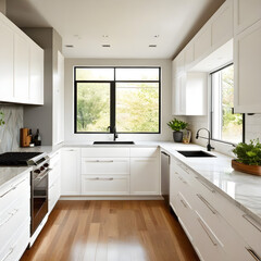 Fototapeta na wymiar Modern kitchen with corner window and white cabinets