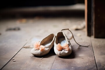 aged ballet slippers on a dusty wooden floor backstage - obrazy, fototapety, plakaty