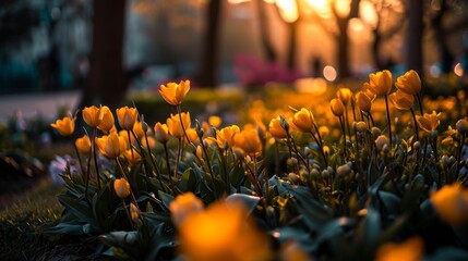 Spring Equinox Day with blossoming flowers, fresh greenery, and a balanced representation of day and night. Copy space.