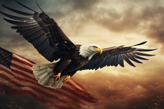 American bald eagle flying against the background of the American flag. Copy space for text