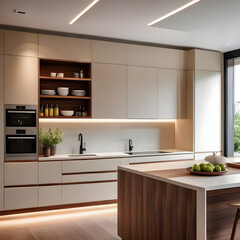 Modern minimalist kitchen, close up shot, beige cabinets floor to ceiling, combined with walnut wood open cabinets with led lights, floating ceiling. Natural light