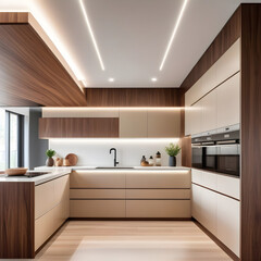 Fototapeta na wymiar Modern minimalist kitchen, close up shot, beige cabinets floor to ceiling, combined with walnut wood open cabinets with led lights, floating ceiling. Natural light