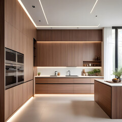 Fototapeta na wymiar Modern minimalist kitchen, close up shot, beige cabinets floor to ceiling, combined with walnut wood open cabinets with led lights, floating ceiling. Natural light