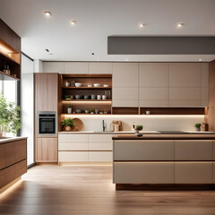 Modern minimalist kitchen, close up shot, beige cabinets floor to ceiling, combined with walnut wood open cabinets with led lights, floating ceiling. Natural light