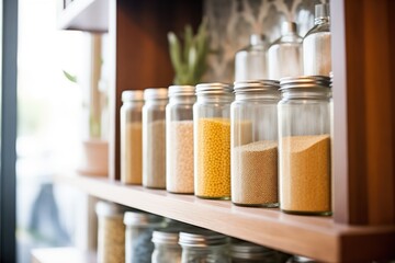 glass jars filled with various grains on a pantry shelf