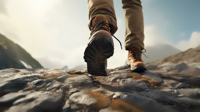 Man Hiking Up a Mountain Trail with a Close-Up


