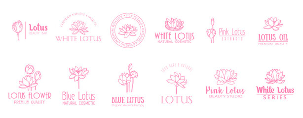 Fototapeta na wymiar Lotus flower minimal emblem, extract and cosmetics. Isolated vector elegant emblems set, symbolizing purity, ideal for cosmetic and skincare brands, capturing the essence of natural, radiant beauty