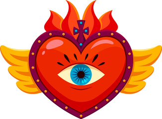 Mexican sacred heart with crown of thorns symbol. Mexican love apparel print, Latin America culture spiritual symbol or Christian religion sacred heart vector decoration with flames, crown of thorn