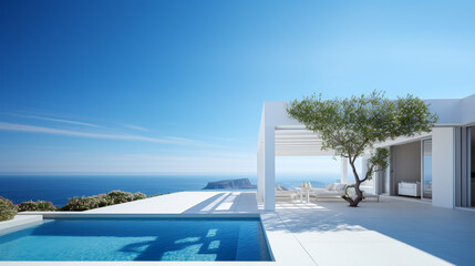 Fototapeta na wymiar Contemporary holiday villa with sea view pool and terrace Copy space image Place for adding text or design 