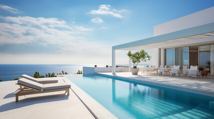 Contemporary holiday villa with sea view pool and terrace Copy space image Place for adding text or design  - obrazy, fototapety, plakaty
