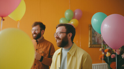 Happy gay couple with balloons at birthday party. Smiling gay couple at home.
