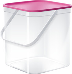 Realistic plastic bucket, container or bin. Isolated 3d vector transparent empty pail with handle and pink lid. Empty square package template for storage of foodstuff, paint or plaster, front view - obrazy, fototapety, plakaty