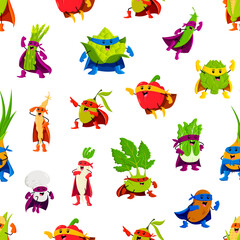 Cartoon vegetable superhero characters pattern. Seamless vector background with asparagus, cauliflower, artichoke and green pea. Soy bean, kohlrabi, chinese cabbage and onion with potato or corn