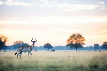 lone impala grazing in savannah at sunrise - obrazy, fototapety, plakaty
