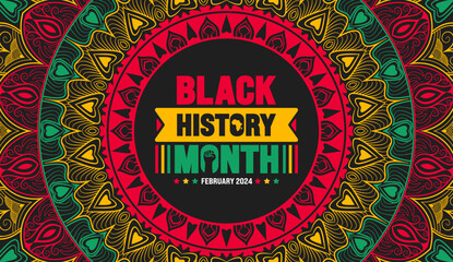 Black history month colorful lettering typography with Mandala background. Celebrated February in united state, Africa and Canada. Juneteenth Independence Day. Kwanzaa.