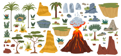 Jurassic period environment game assets, vector jungle volcano and plants, palms and rocks. Dinosaur theme cartoon game elements of volcano lava eruption, stone rocks and prehistoric green leaf plants - obrazy, fototapety, plakaty