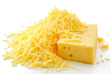 A vibrant image showcasing a pile of freshly grated yellow cheese beside a block of cheese with holes, all set against a pristine white background. Perfect for food bloggers, recipe websites, and cook