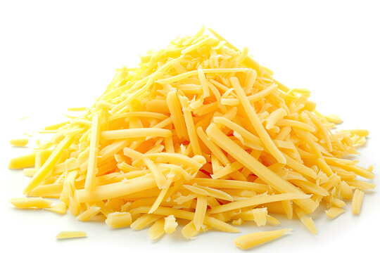 A close-up image showcasing a heap of freshly grated yellow cheese, isolated on a white background, perfect for food and culinary themes.
