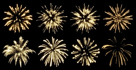 Golden luxury fireworks festival celebration isolated on black background 3d rendering