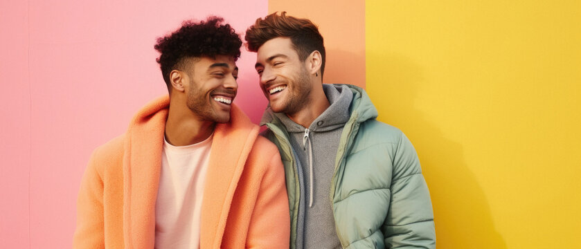 Happy Multiethnic Young Men Laughing And Looking At Each Other On Colorful Background.