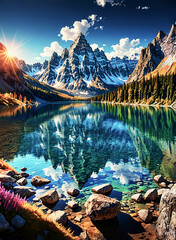 illustrazione di tramonto su un paesaggio alpino con cime innevate che si riflettono nelle acque limpide di un lago - obrazy, fototapety, plakaty