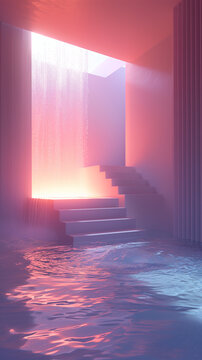 Pink, magenta pastel dreamscape interior with a staircases, water and waterfalls.