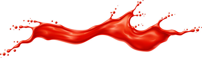 Red wave of tomato juice or ketchup sauce splash in long flow spill, realistic vector. Red paint, wine or berry jam and fruit syrup wave splash with drops splatter for dessert sauce and tomato ketchup