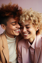 Portrait of two young multiracial women smiling and looking at each other.