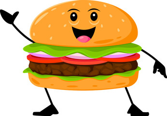 Cartoon cheerful burger funny takeaway fast food character. Isolated vector anthropomorphic hamburger personage with a smiling face, lettuce, beef, and a sesame seed bun body, exuding a playful vibe