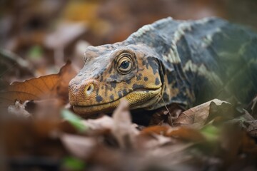 Fototapeta premium komodo camouflaged in foliage with prey in grasp