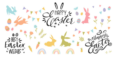 Collection of lovely hand drawn easter designs with cute typography, sweet hand drawn bunnies, eggs and decoration - vector design