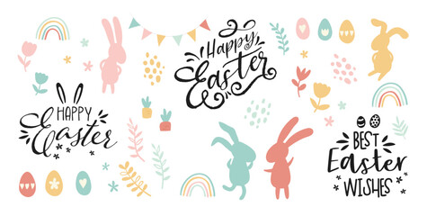 Collection of lovely hand drawn easter designs with cute typography, sweet hand drawn bunnies, eggs and decoration - vector design