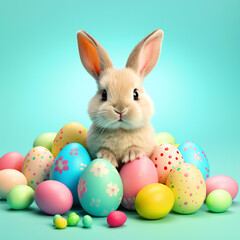 Fototapeta na wymiar Cute Easter bunny sitting with easter eggs on isolated background - ai generative