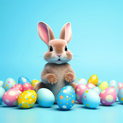 Cute Easter bunny sitting with easter eggs on isolated background - ai generative