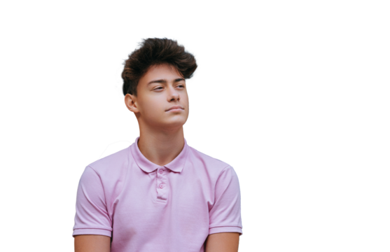 Purposeful young guy in rose polo stands outside looks away thoughtfully against transparent background dreaming about future. Handsome Italian teenager waits for girlfriend.
