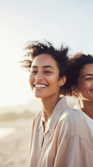 Portrait of two young african american women smiling and looking at camera on beach.