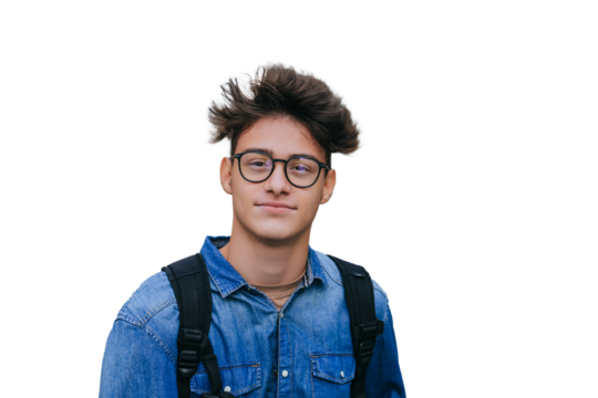 Brown haired smart teen boy in jeans shirt carrying backpack looks at camera wearing glasses against transparent background. Purposeful student ready to improve. Knowledge