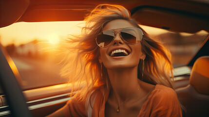 Woman in sunglasses inside the car smiling and driving, businesswoman, beautiful blonde sexy fashion model in the sunglasses in the city, Valentine day, 8 March, Birthday , International Women day - obrazy, fototapety, plakaty