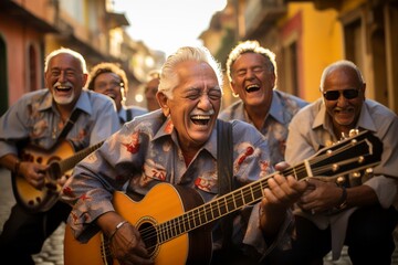 A group of elderly men having fun at a street music festival generated AI - obrazy, fototapety, plakaty