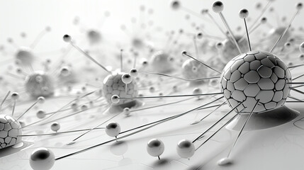 Abstract molecular structure with connected spheres, futuristic, monochromatic depiction of an abstract molecular structure with connected spheres and lines